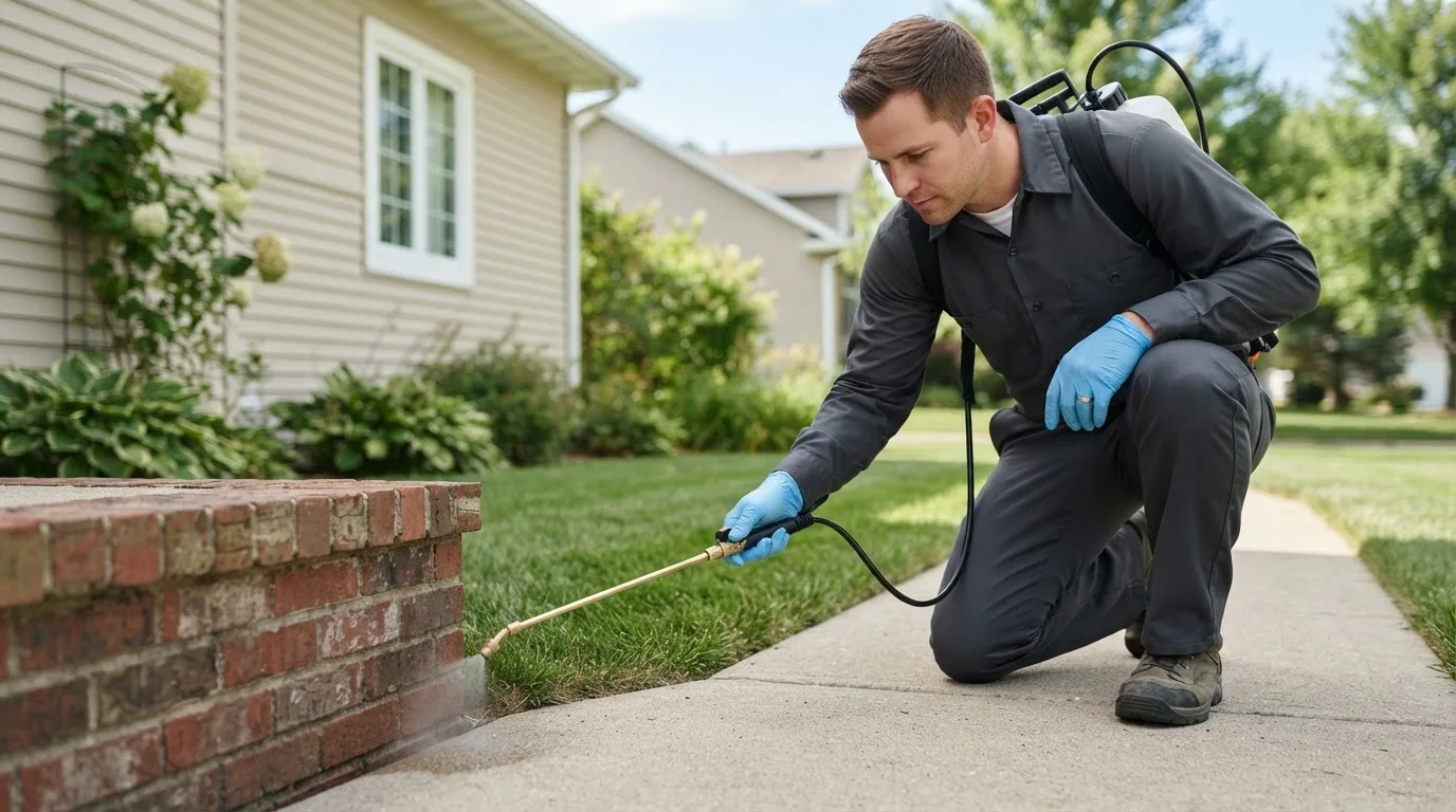 Pest control technician treating a home near Twin Oaks, OK