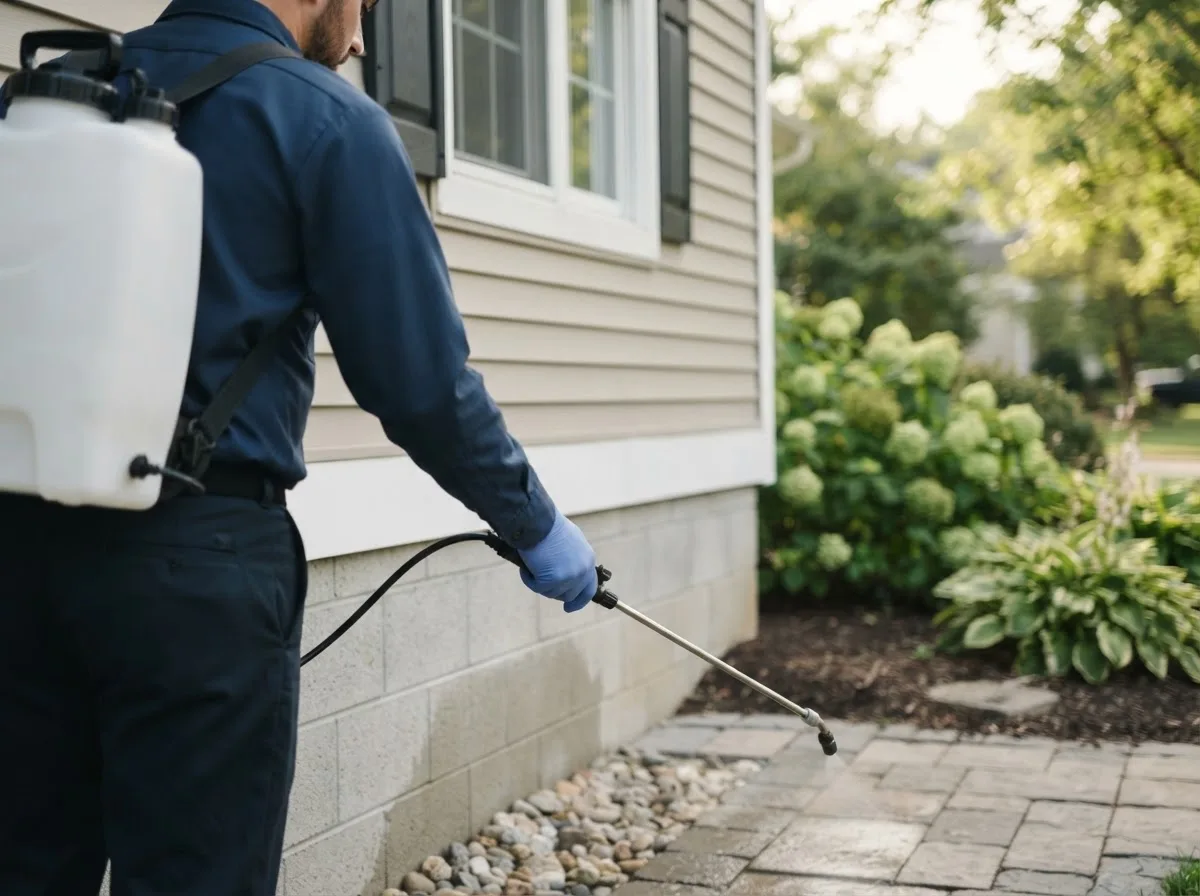 Pest control technician inspecting a home in Twin Oaks, OK